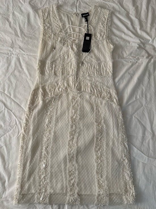 Just Cavalli Dresses & Skirts - Just Cavalli white beaded Mini Dress with Lace-Up Neckline NWT